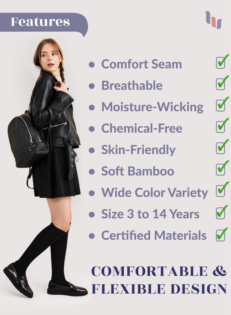 Hugh Ugoli Girls Boys Kids School Uniform Long Dress Socks, Extremely Soft, Comfortable, Rayon derived from Bamboo, Chemical-Free, 3 Pairs Black | 5-6 Years - Image 4